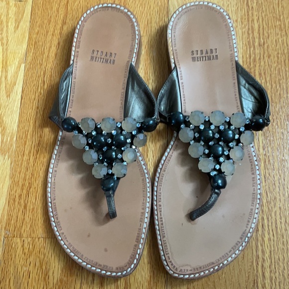 STUART WEITZMAN flat rhinestone jewels sandal brass leather thong slip on EUC - Picture 2 of 16